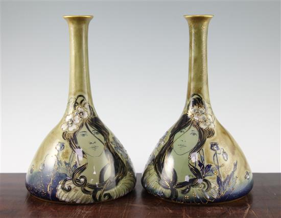 A pair of Amphora Art Nouveau bottle vases, c.1900, by Reissner, Stellmacher & Kestler, 29cm